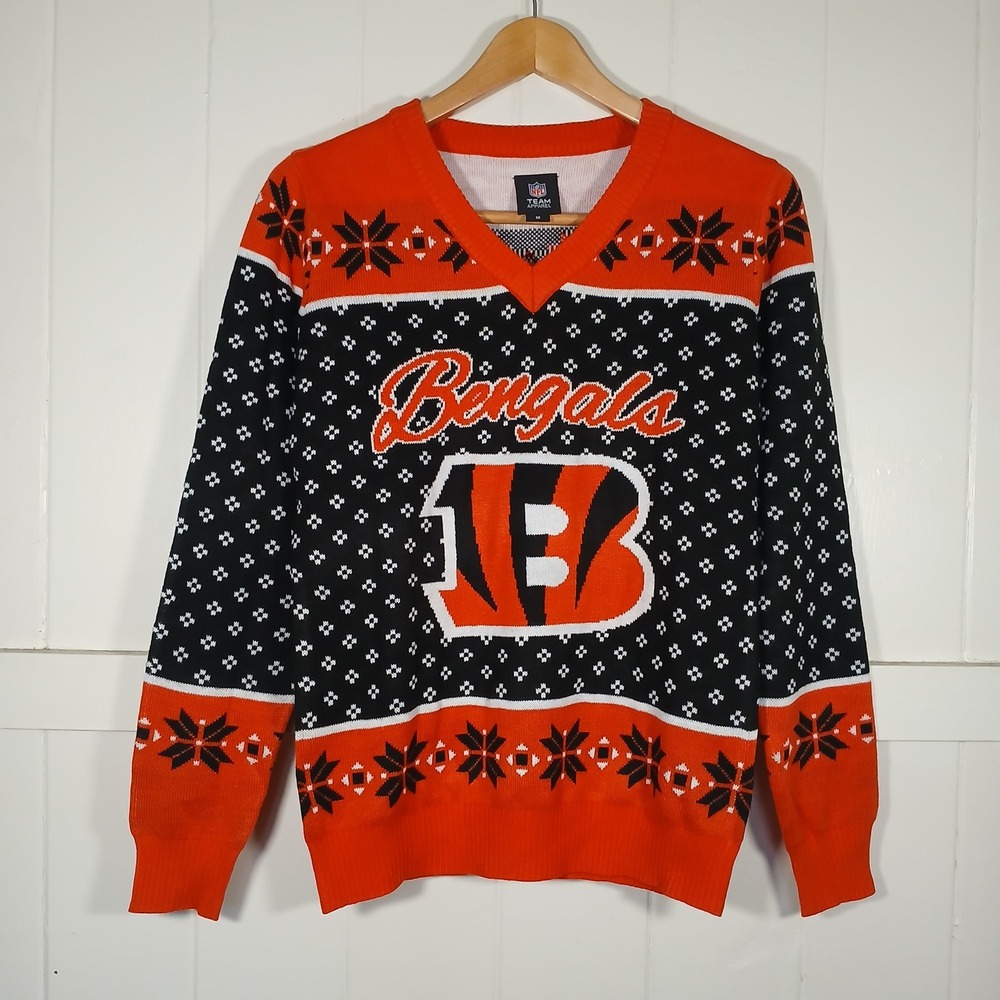 NFL Bengals Sweater Mens M Orange V-Neck Holiday Knit Team Apparel STA0616-00001